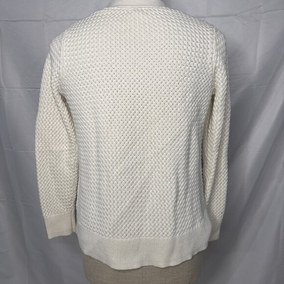 LL Bean Cardigan Womens M Ivory Button Up Sweater Basket Weave Knit Fisherman - Picture 6 of 8